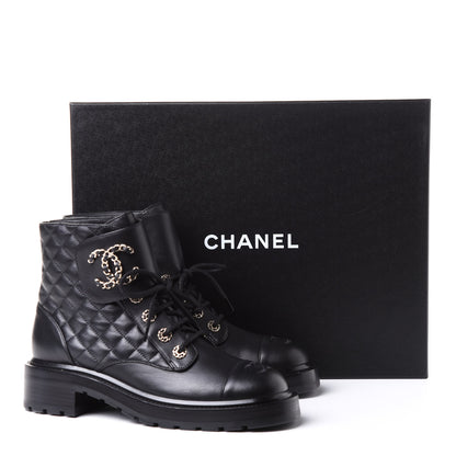 Chanel Shiny Lambskin Quilted Lace Up Combat Boots 40 Black 11 of 11