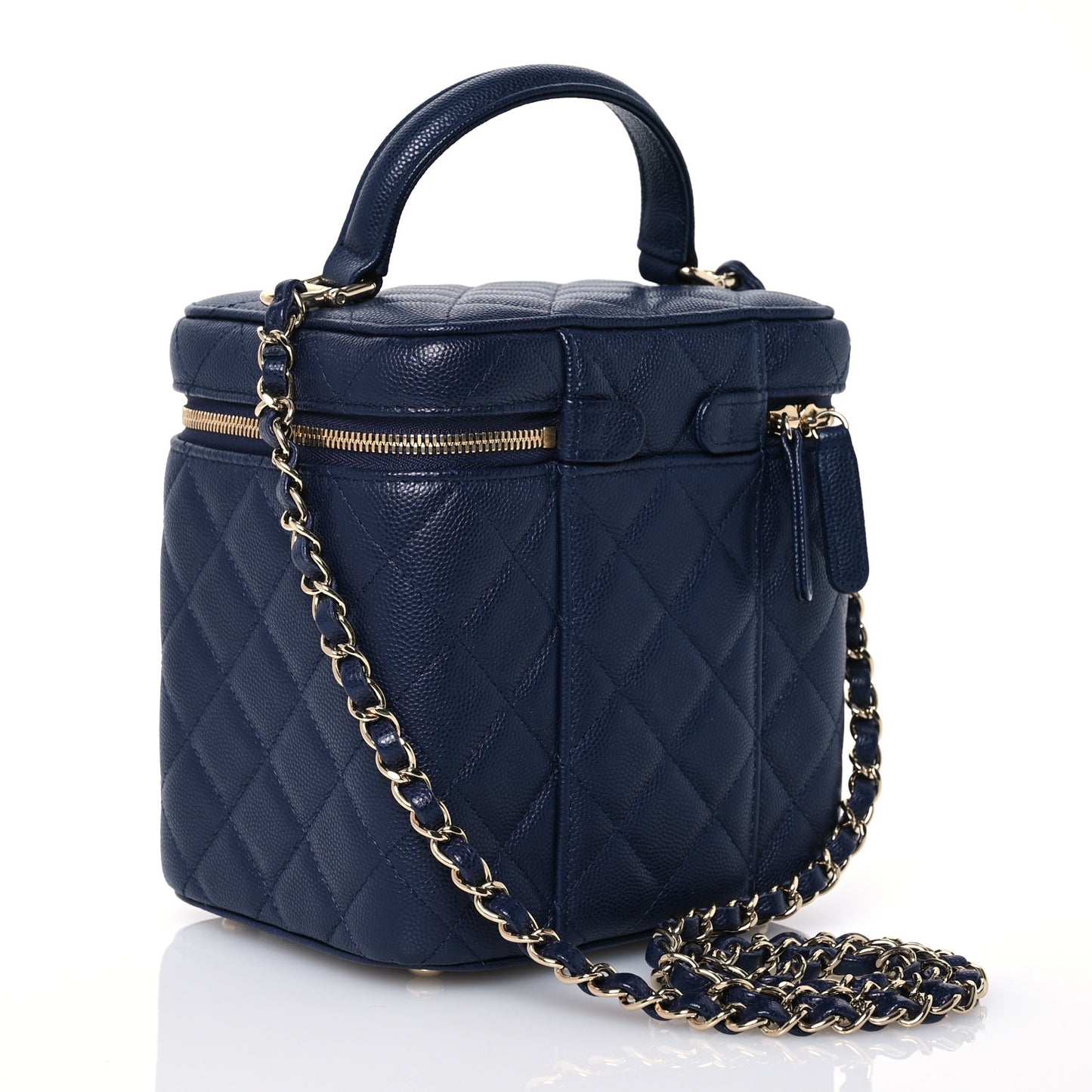 Caviar Quilted Small Top Handle Vanity Case With Chain Navy Blue