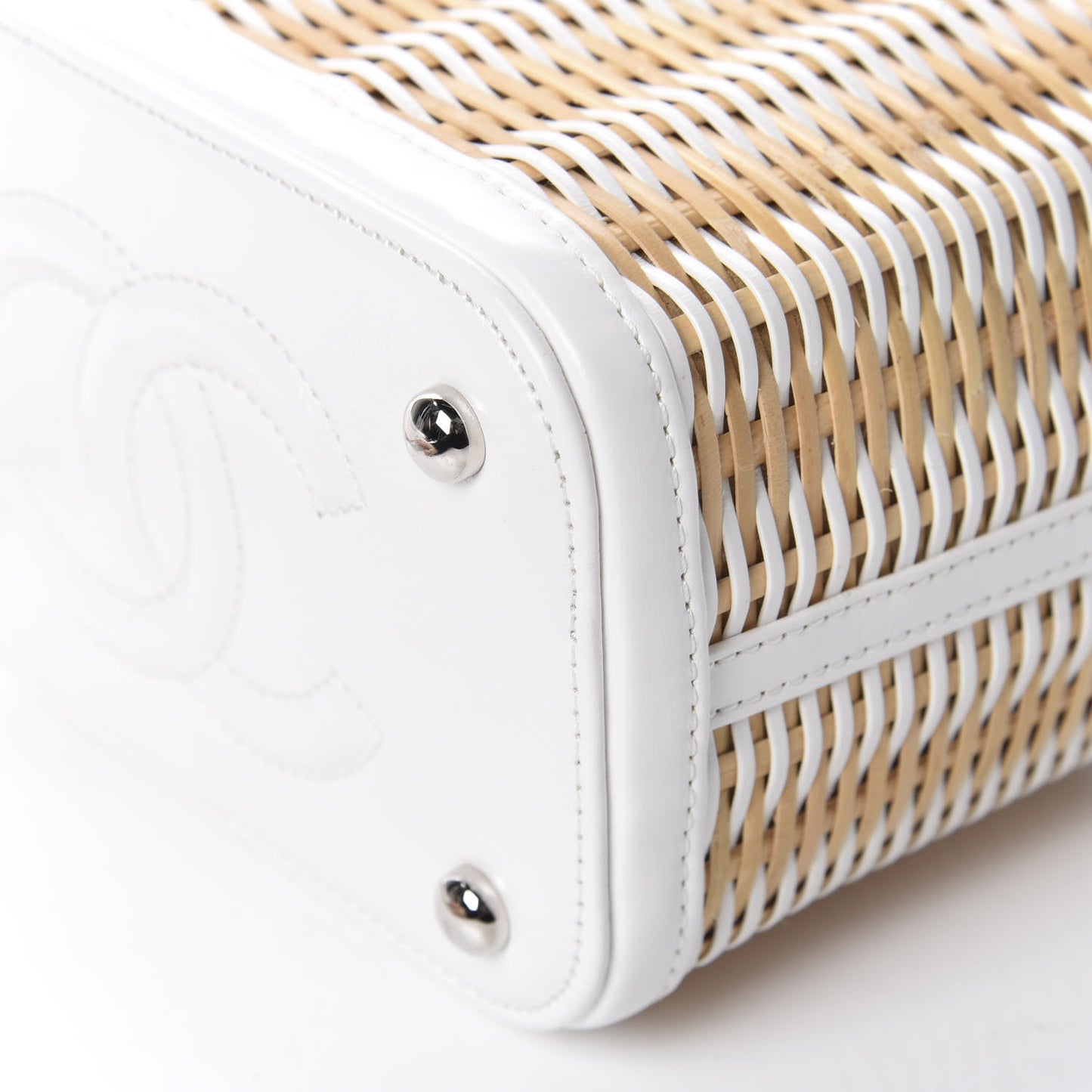 Calfskin Raffia Small Vanity Case Bag White Beige