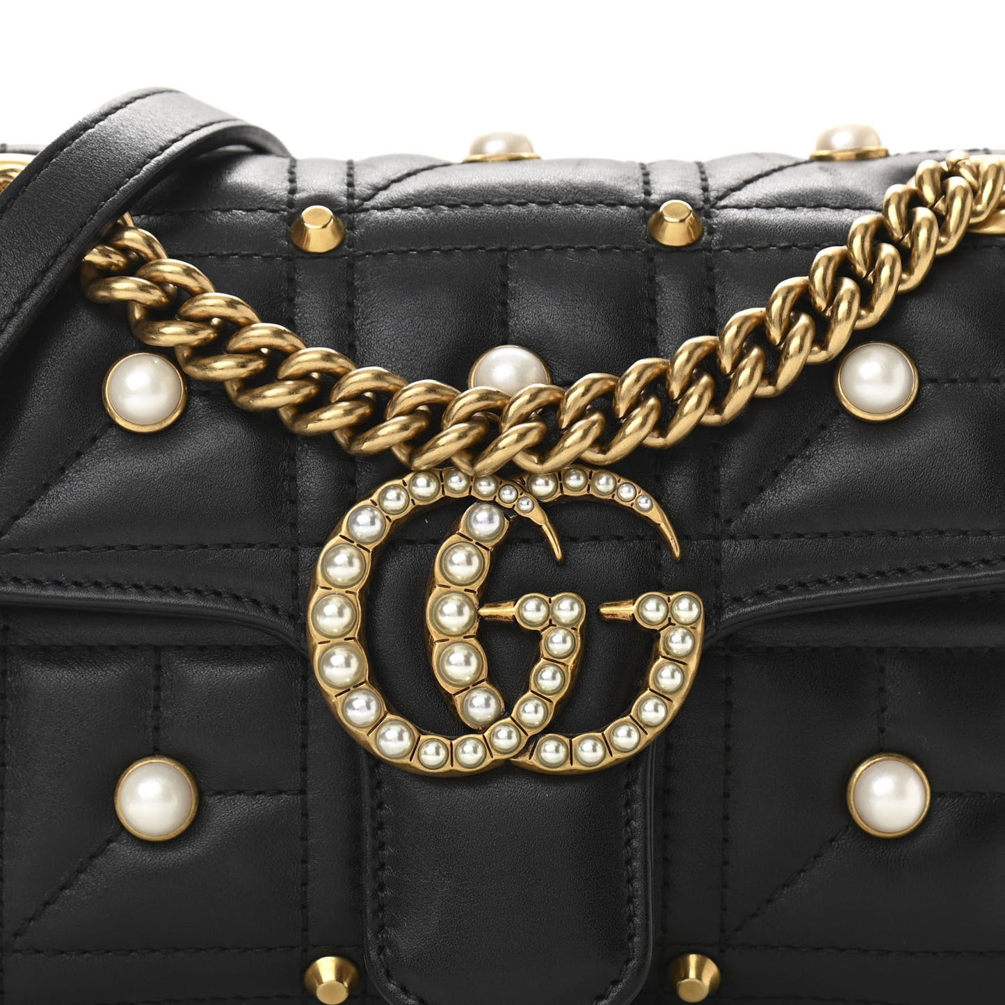 Calfskin Matelasse Studded Mini Pearly GG Marmont Shoulder Bag Black