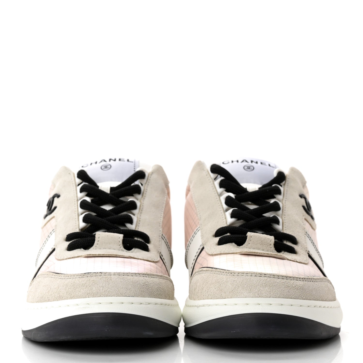 Chanel Suede Fabric Calfskin Womens CC Sneakers 37.5 Pink Gray White 2 of 11