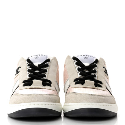 Chanel Suede Fabric Calfskin Womens CC Sneakers 37.5 Pink Gray White 2 of 11