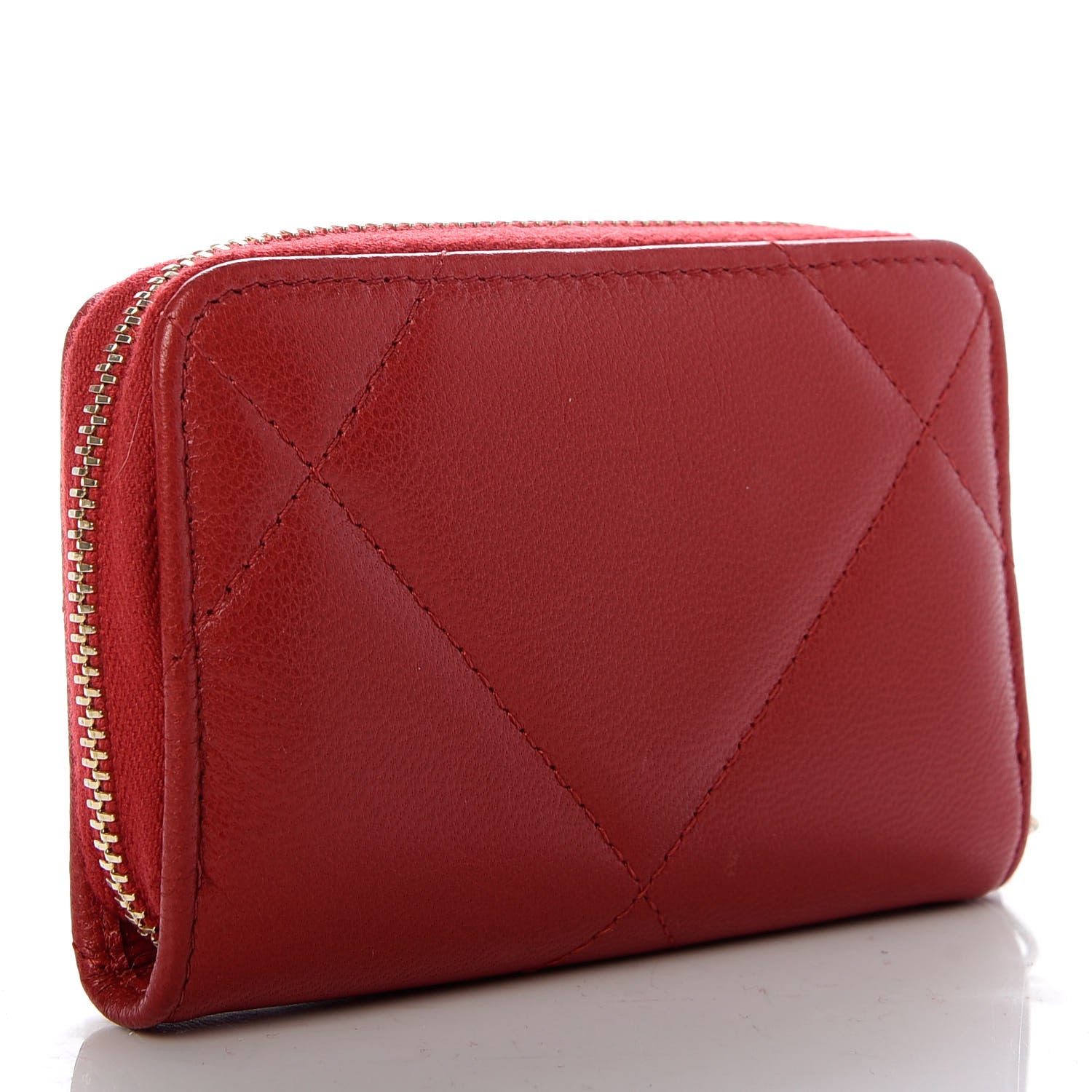 Chanel Goatskin Quilted Chanel 19 Zip Around Coin Purse Wallet Red 3 of 8
