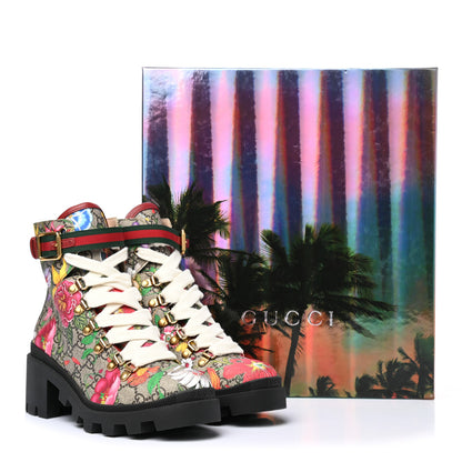 Gucci GG Supreme Monogram Flora Lace Up Combat Ankle Boots 37.5 Beige Multicolor Red 9 of 9
