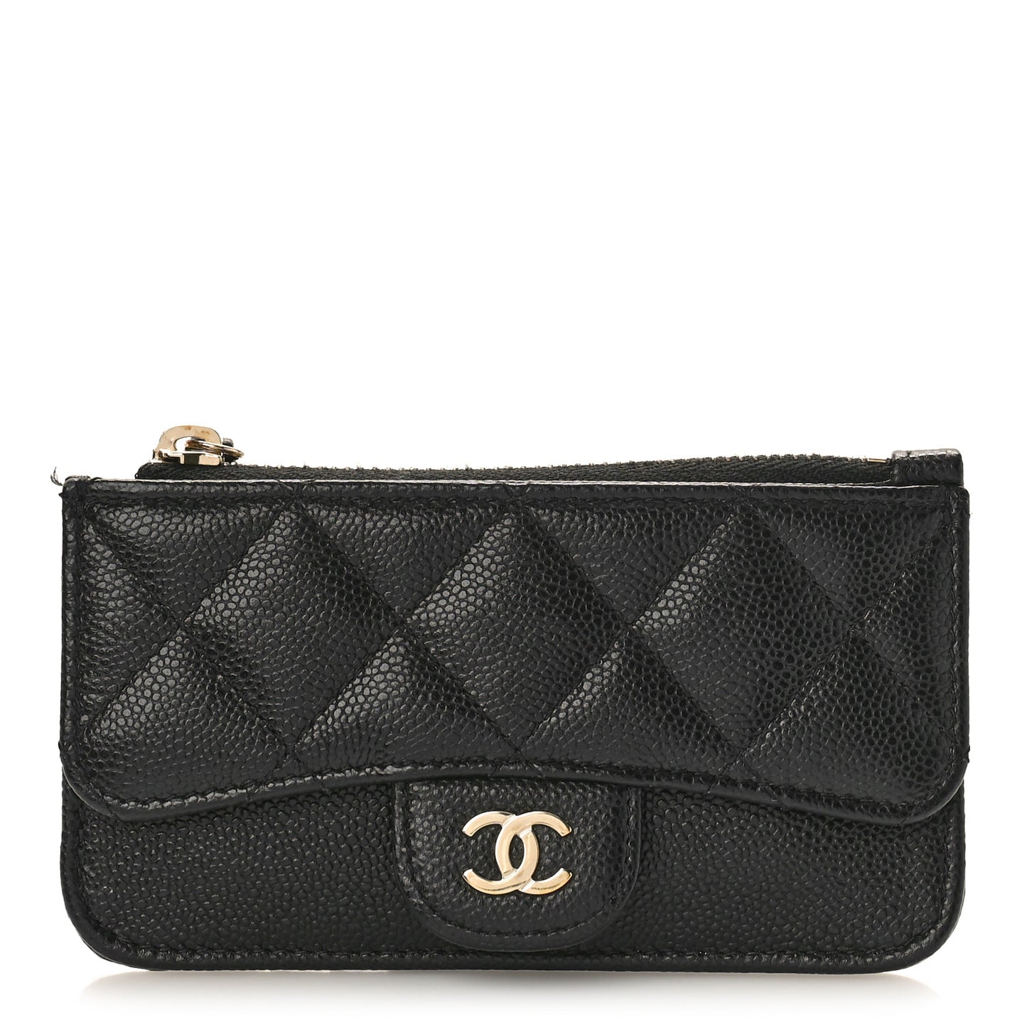 Caviar Quilted Flap Zip Card Holder Black