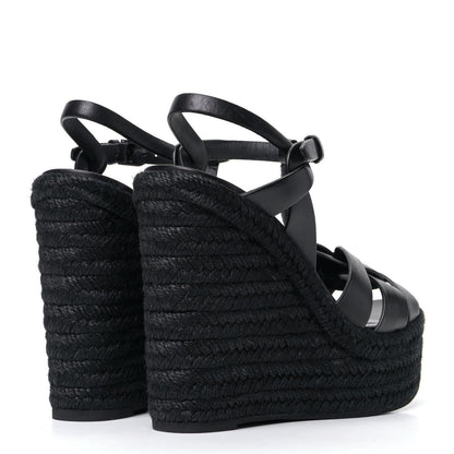 Saint Laurent Calfskin Tribute 95 Platform Espadrille Wedge Sandals 37.5 Black 2 of 5