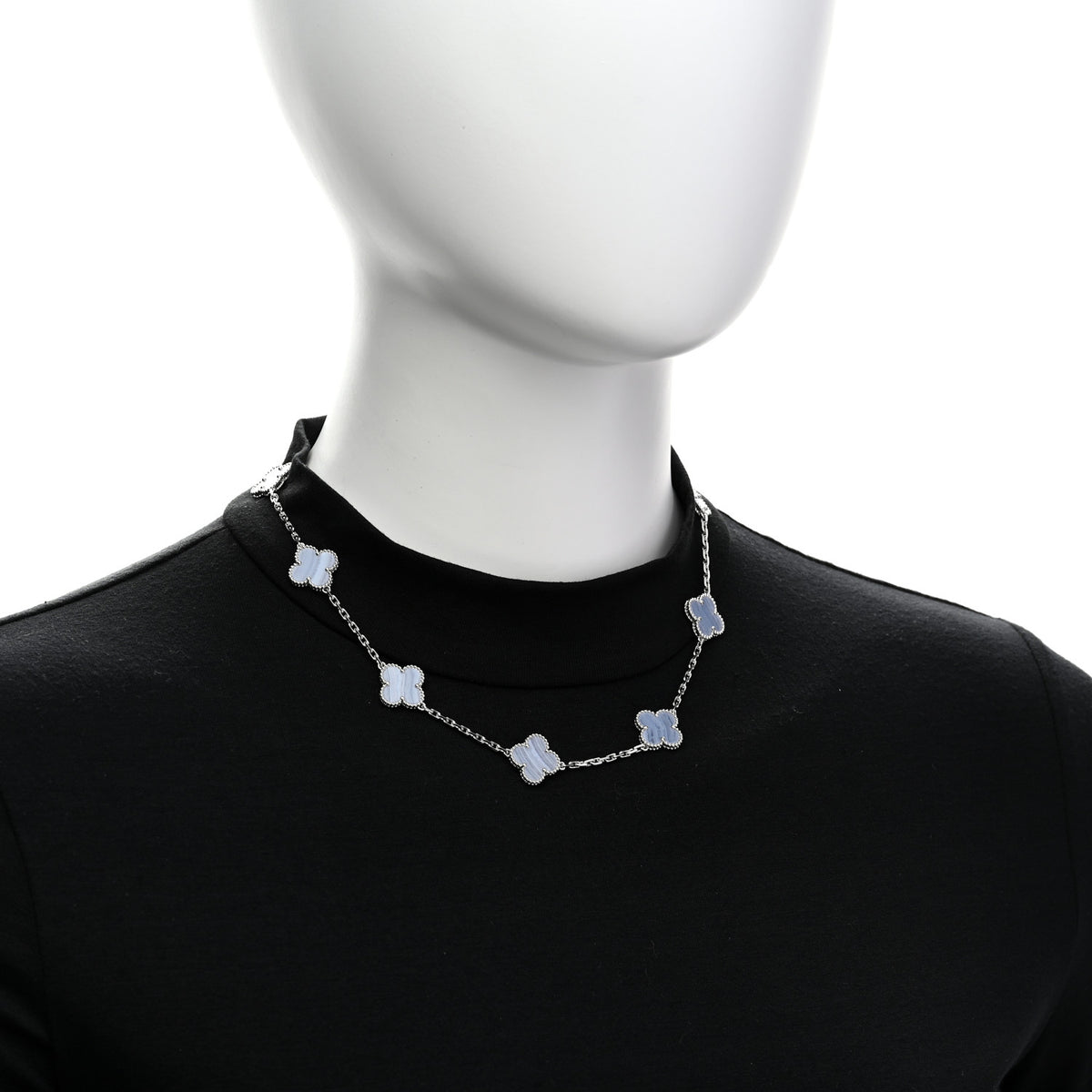 18K White Gold Chalcedony 10 Motifs Vintage Alhambra Necklace