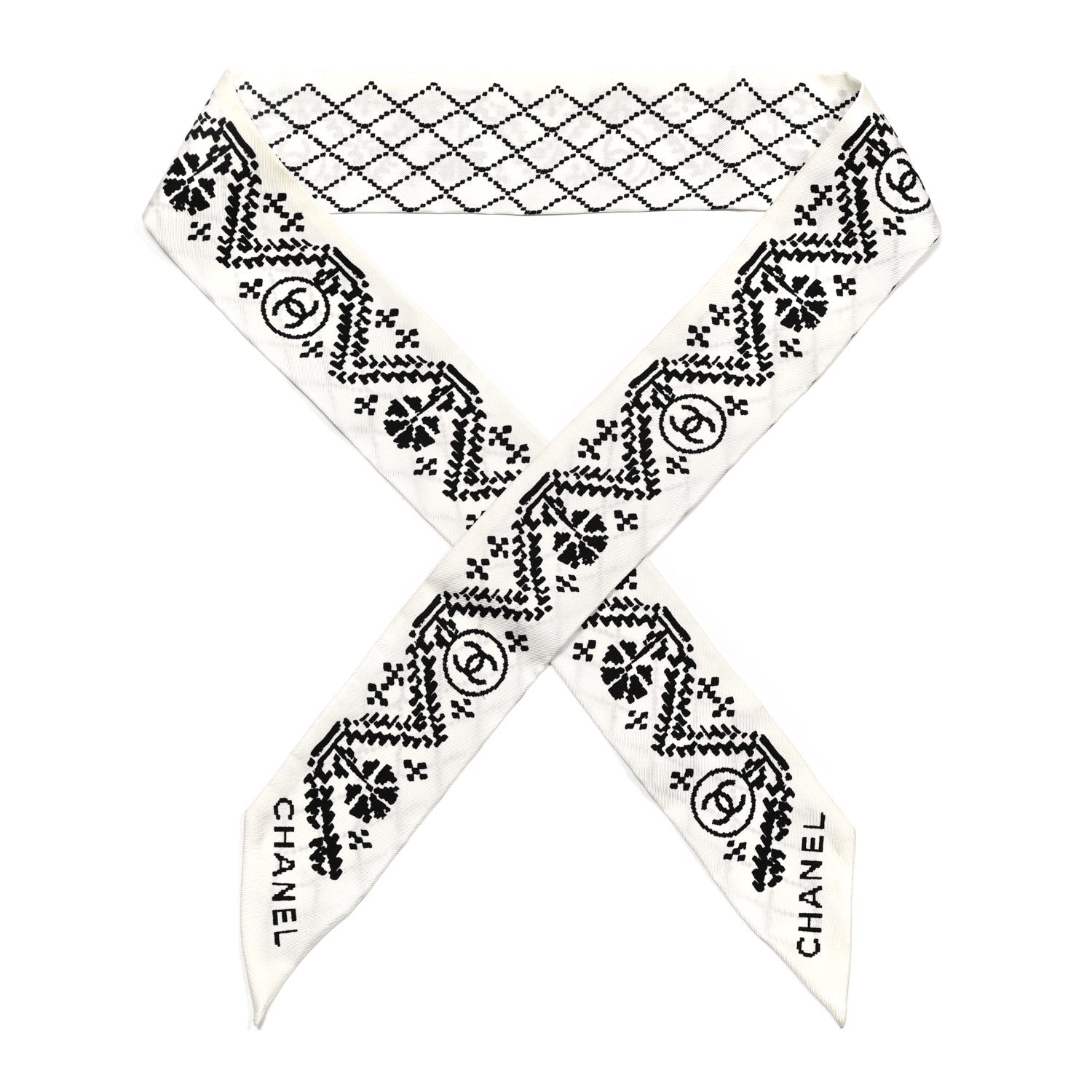 Chanel Silk Twill CC Bandeau Scarf White Black 1 of 5
