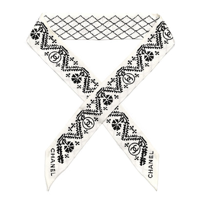 Chanel Silk Twill CC Bandeau Scarf White Black 1 of 5