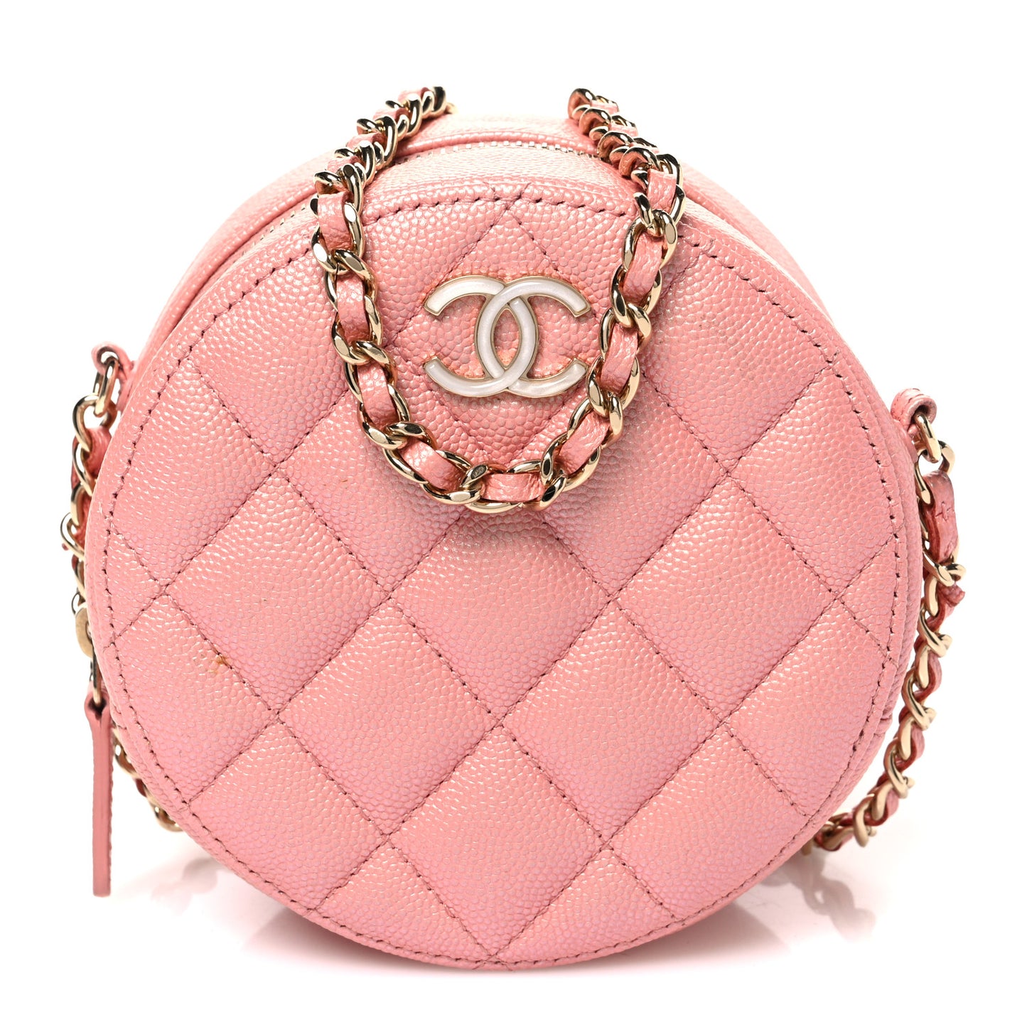 Iridescent Caviar Resin Quilted Round Clutch With Chain Pink