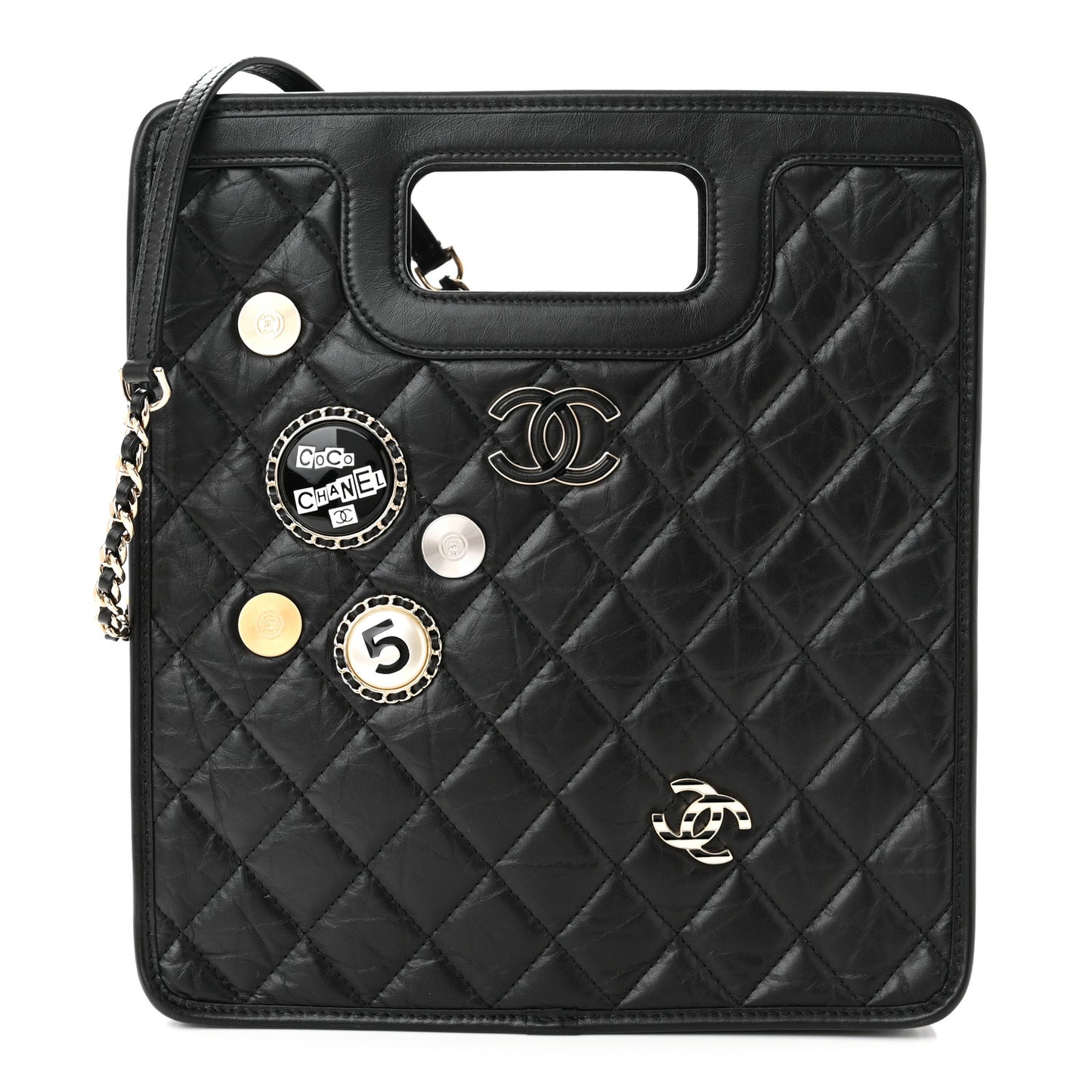 Aged Calfskin Small Charms Shopping Bag Black