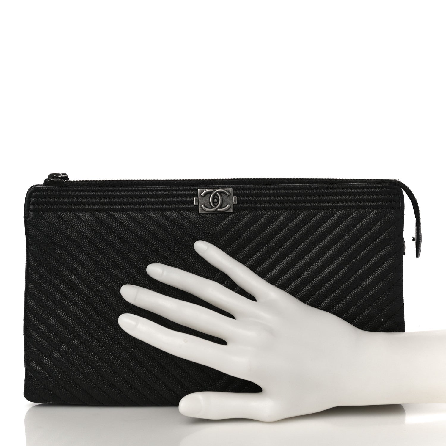 Chanel Caviar Chevron Quilted Small Zipped Boy Pouch Black 2 of 12