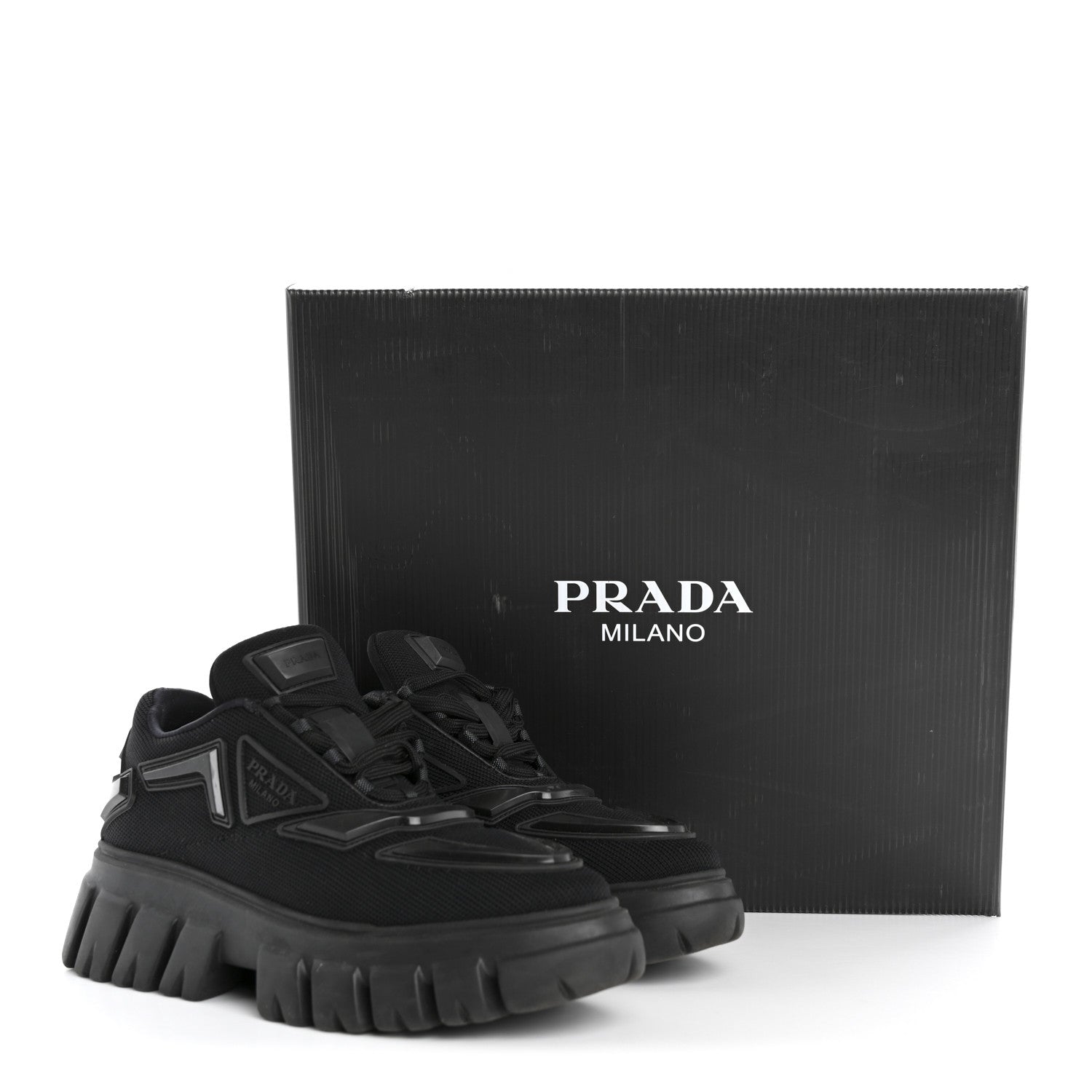 Prada Rubber Technical Knit Fabric Triangle Logo Evolution 55mm Sneakers 35.5 Black 10 of 10
