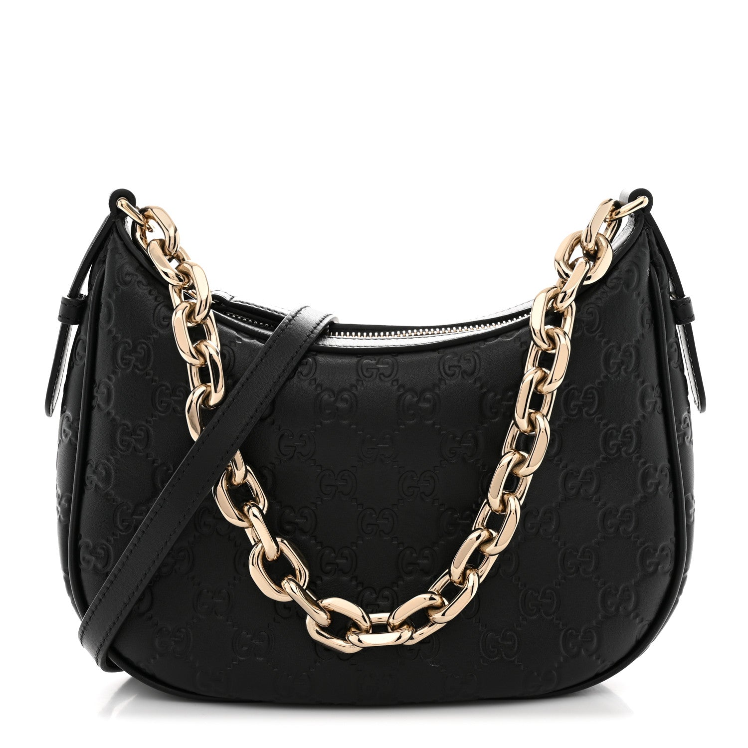 Gucci GG Grainy Calfskin Emblem Small Half Moon Shoulder Black 1 of 11