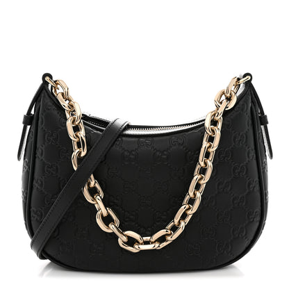 Gucci GG Grainy Calfskin Emblem Small Half Moon Shoulder Black 1 of 11