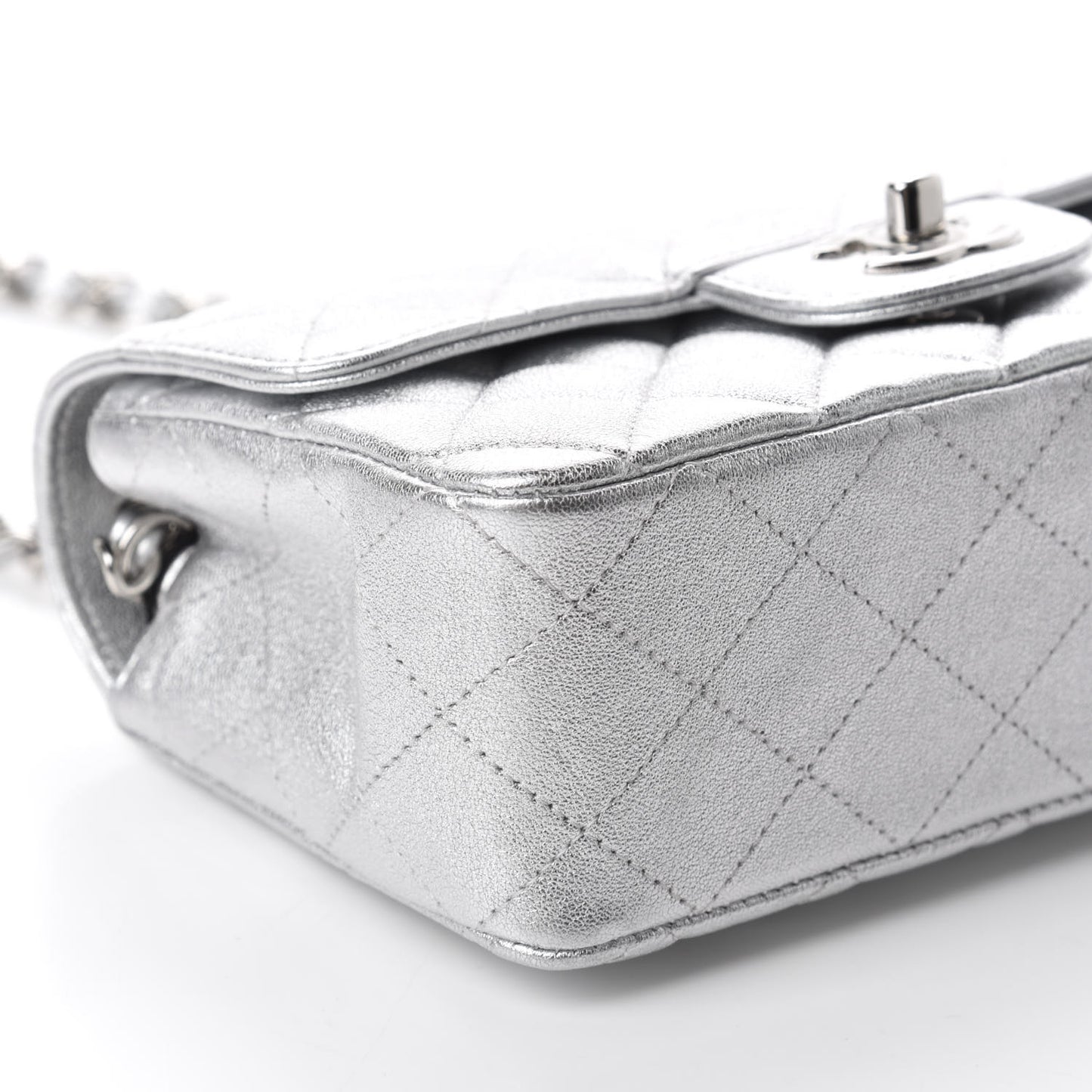 Metallic Lambskin Quilted Mini Rectangular Flap Silver
