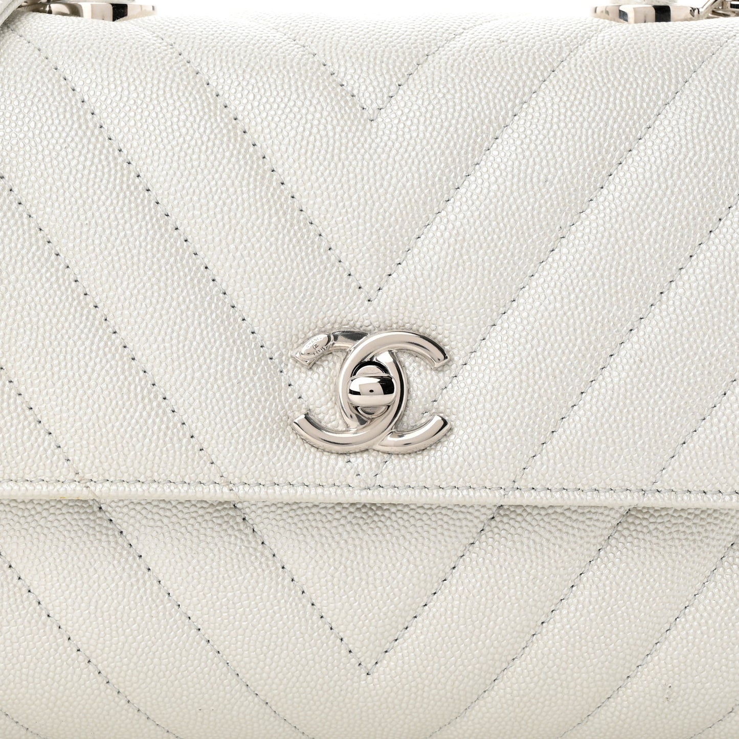 Iridescent Caviar Chevron Quilted Mini Coco Handle Flap White