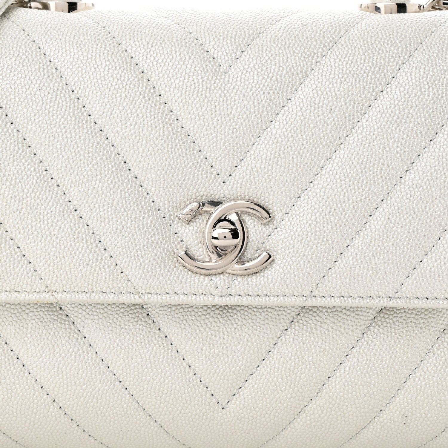 Chanel Iridescent Caviar Chevron Quilted Mini Coco Handle Flap White 8 of 12
