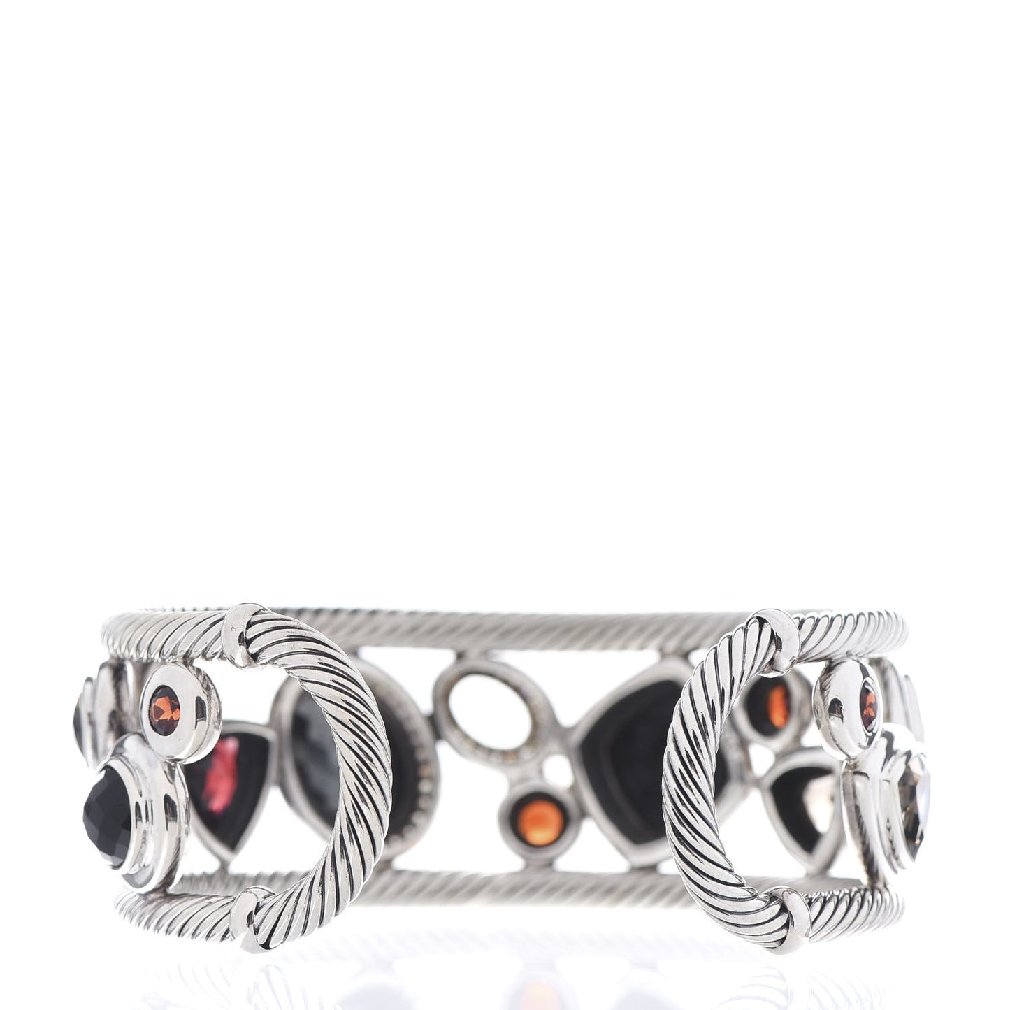 Sterling Silver 18K Yellow Gold Diamond Garnet Hematite Onyx Smoky Quartz Mosaic Cuff Bracelet