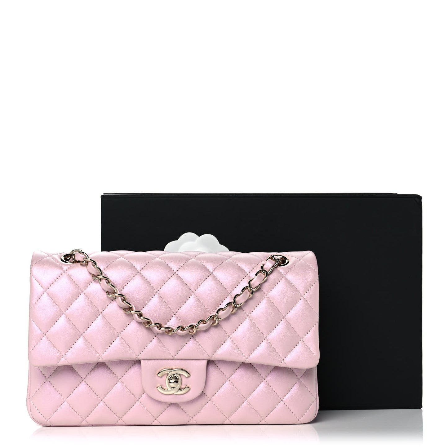 Iridescent Calfskin Quilted Medium Double Flap Light Pink