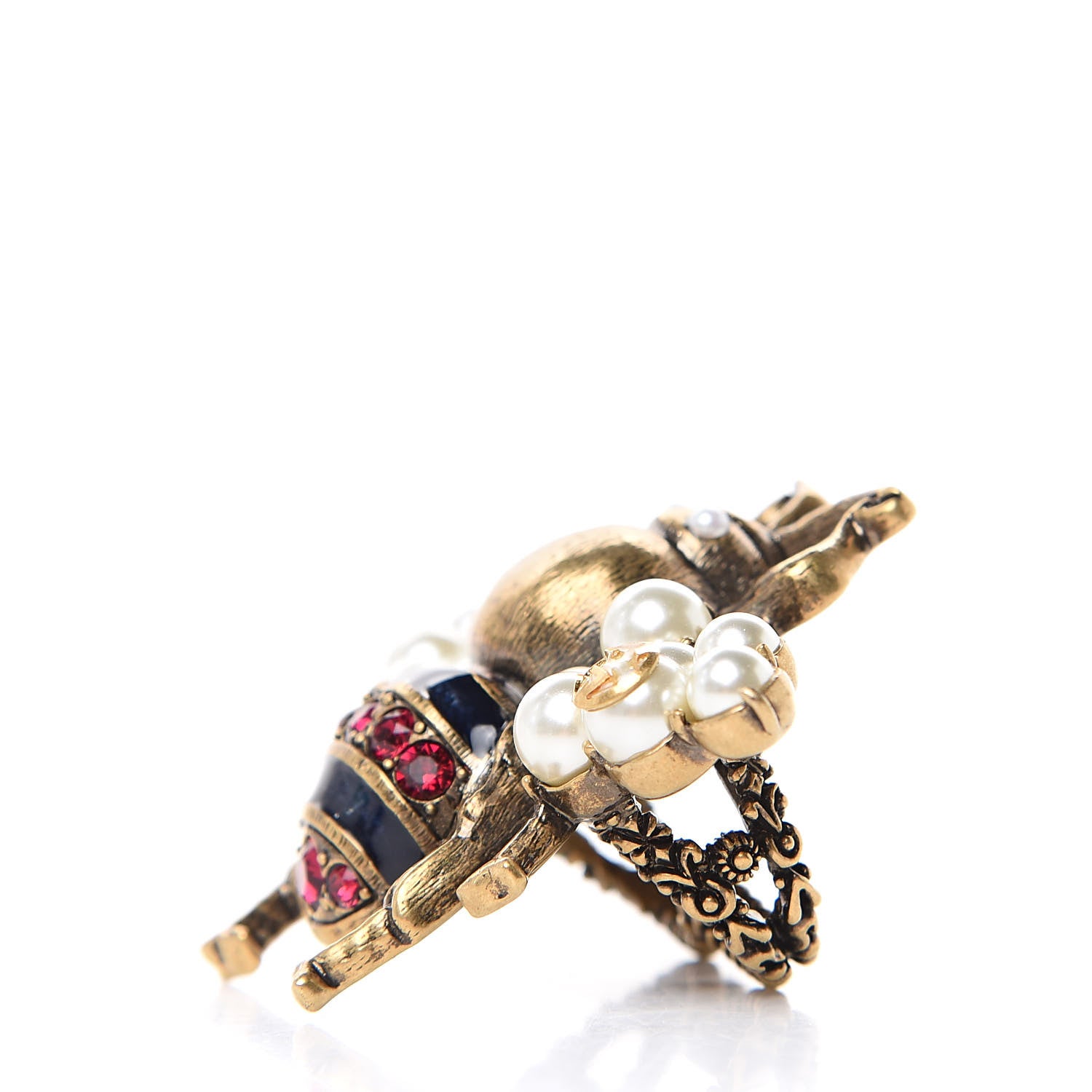 Gucci Crystal Pearl Enamel Bee Multifinger Ring Ruby 3 of 5