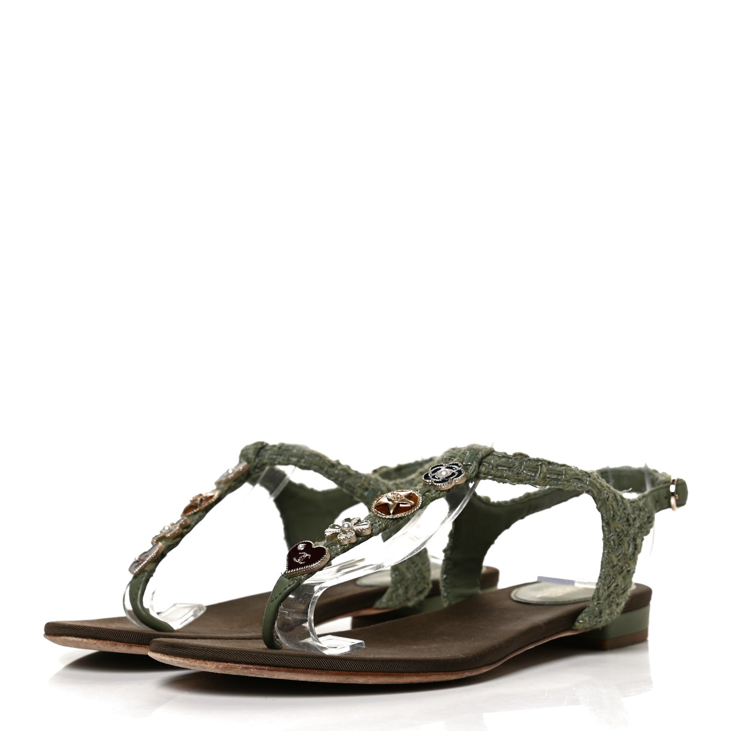 Tweed CC Charm Thong Sandals 37 Dark Green