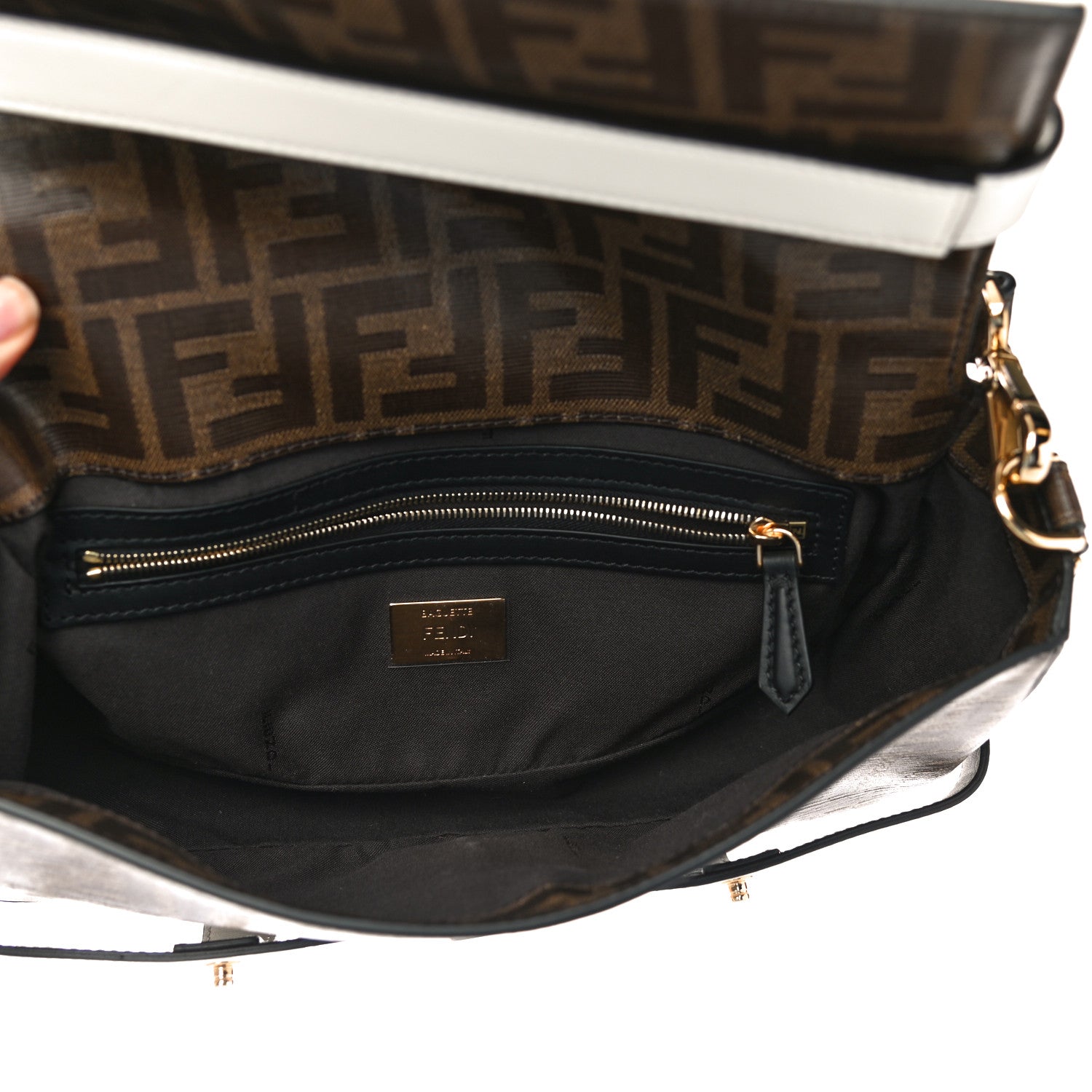Fendi Glazed Fabric Vitello Century FF 1974 Large Baguette Cage Mogano Panna White Ice 5 of 9