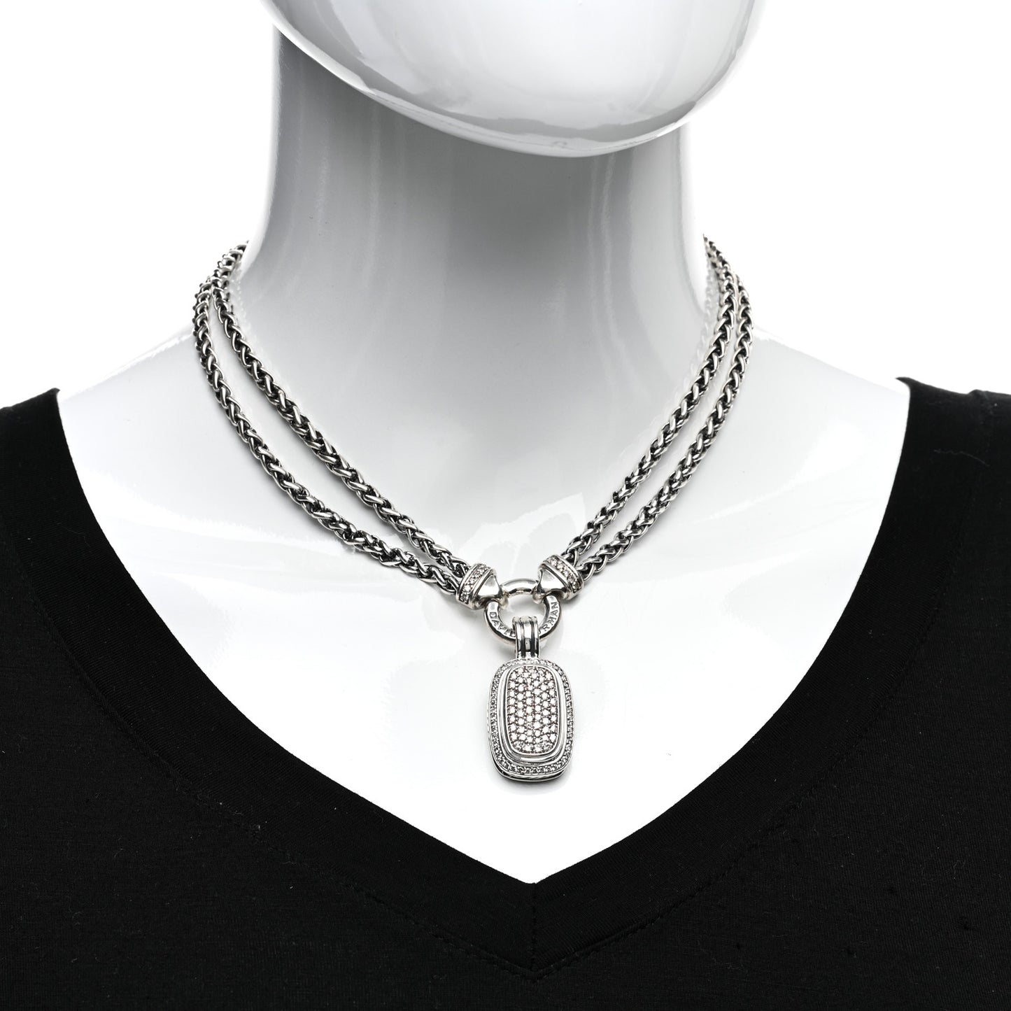 Sterling Silver Diamond 20mm Albion Pave Double Wheat Chain Pendant Necklace