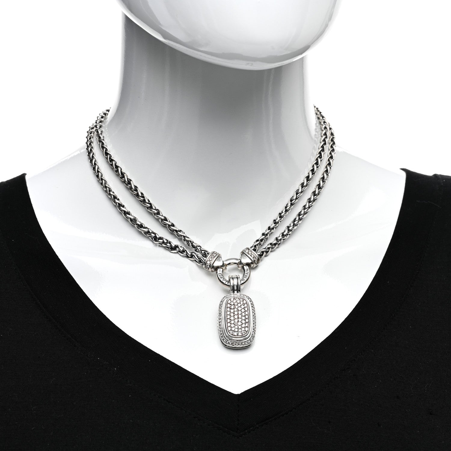 David Yurman Sterling Silver Diamond 20mm Albion Pave Double Wheat Chain Pendant Necklace 2 of 4