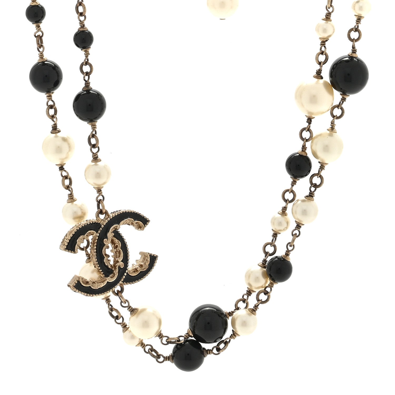 Chanel Pearl Enamel Beaded CC Baroque Long Necklace Black White Gold 1 of 4