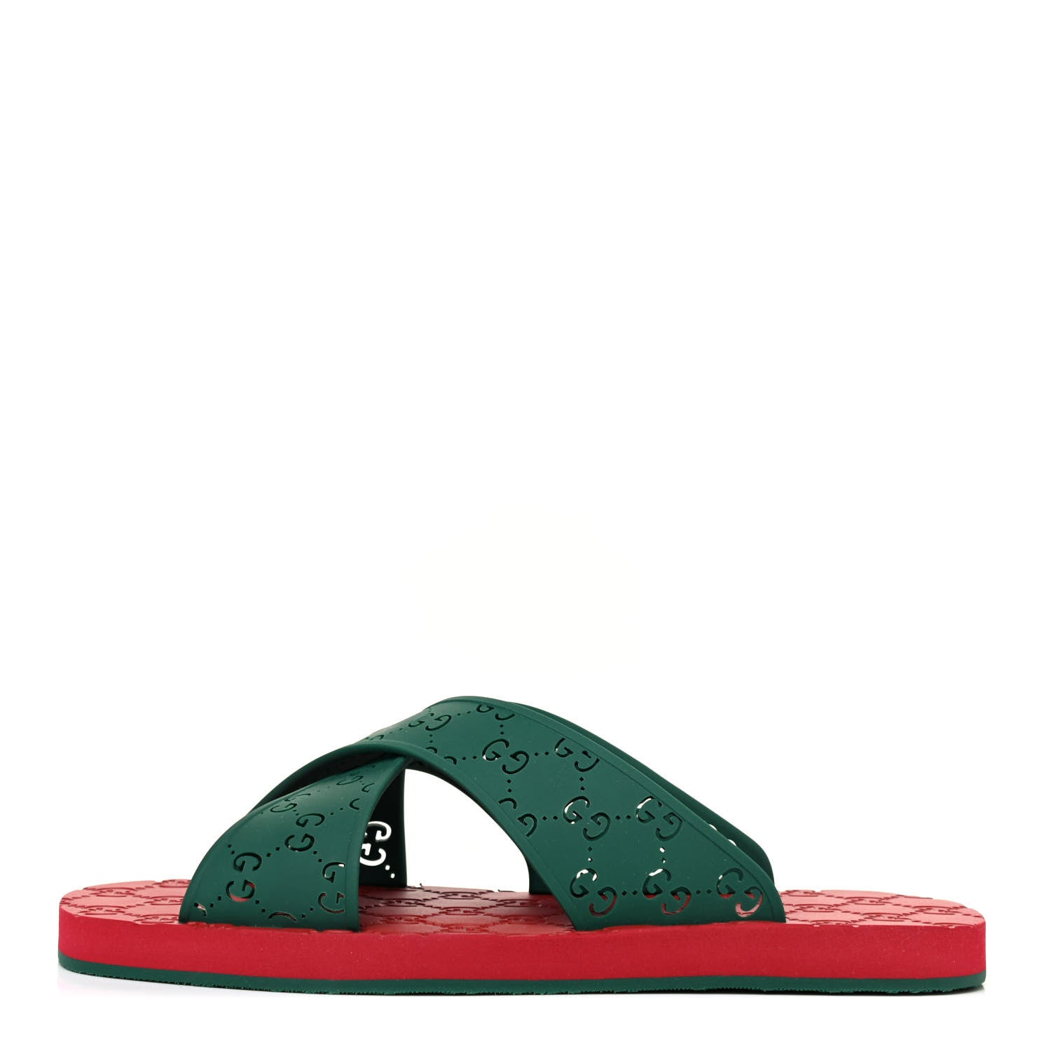 Gucci Rubber GG Monogram Perforated Mens Criss Cross Slide Sandals 8 Green 1 of 4