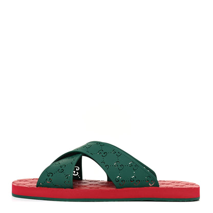 Gucci Rubber GG Monogram Perforated Mens Criss Cross Slide Sandals 8 Green 1 of 4
