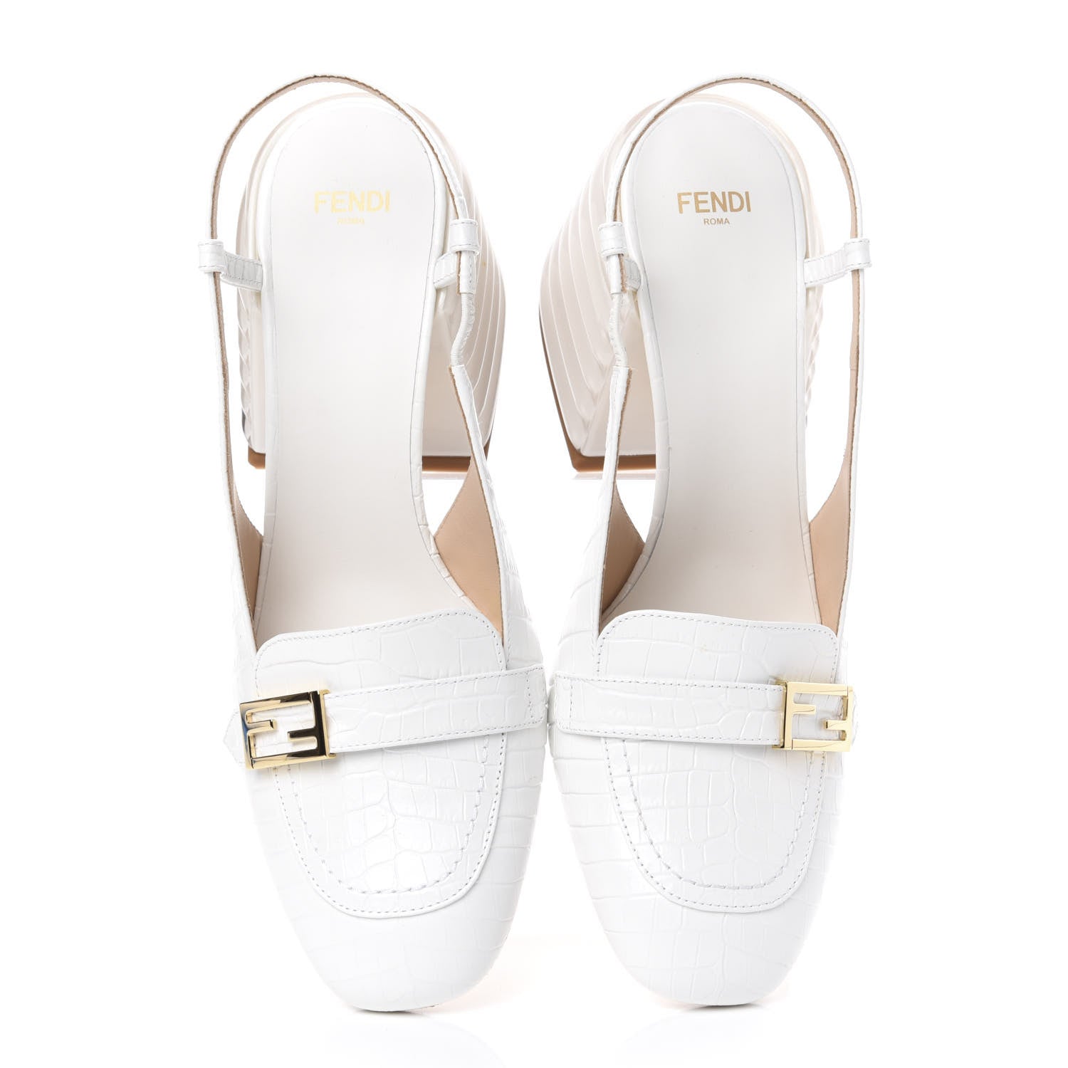 Fendi Calfskin Crocodile Embossed Promenade Slingback Loafer Pumps 38.5 White 5 of 9
