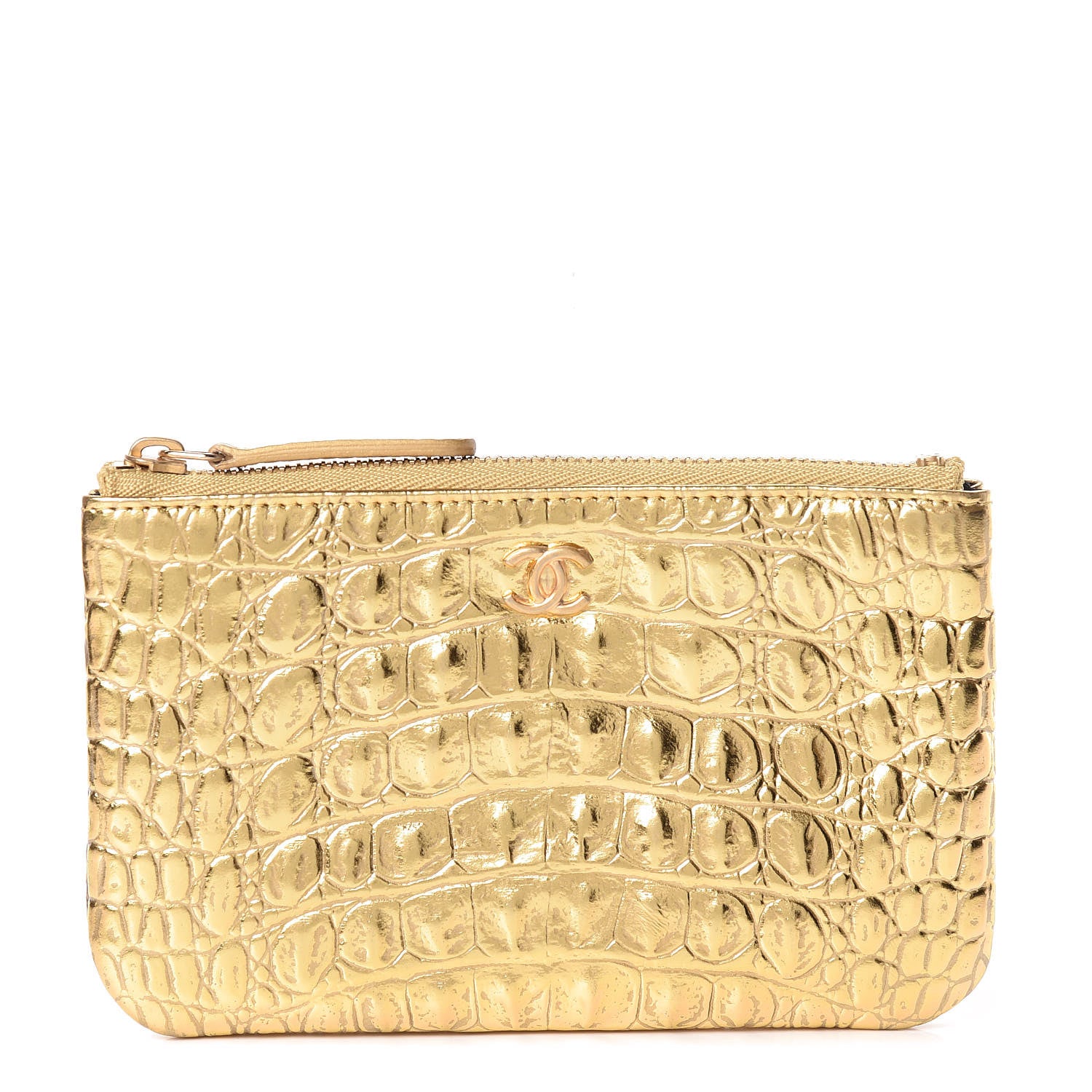 Chanel Metallic Calfskin Crocodile Embossed Cocodile Cosmetic Case Gold 1 of 8
