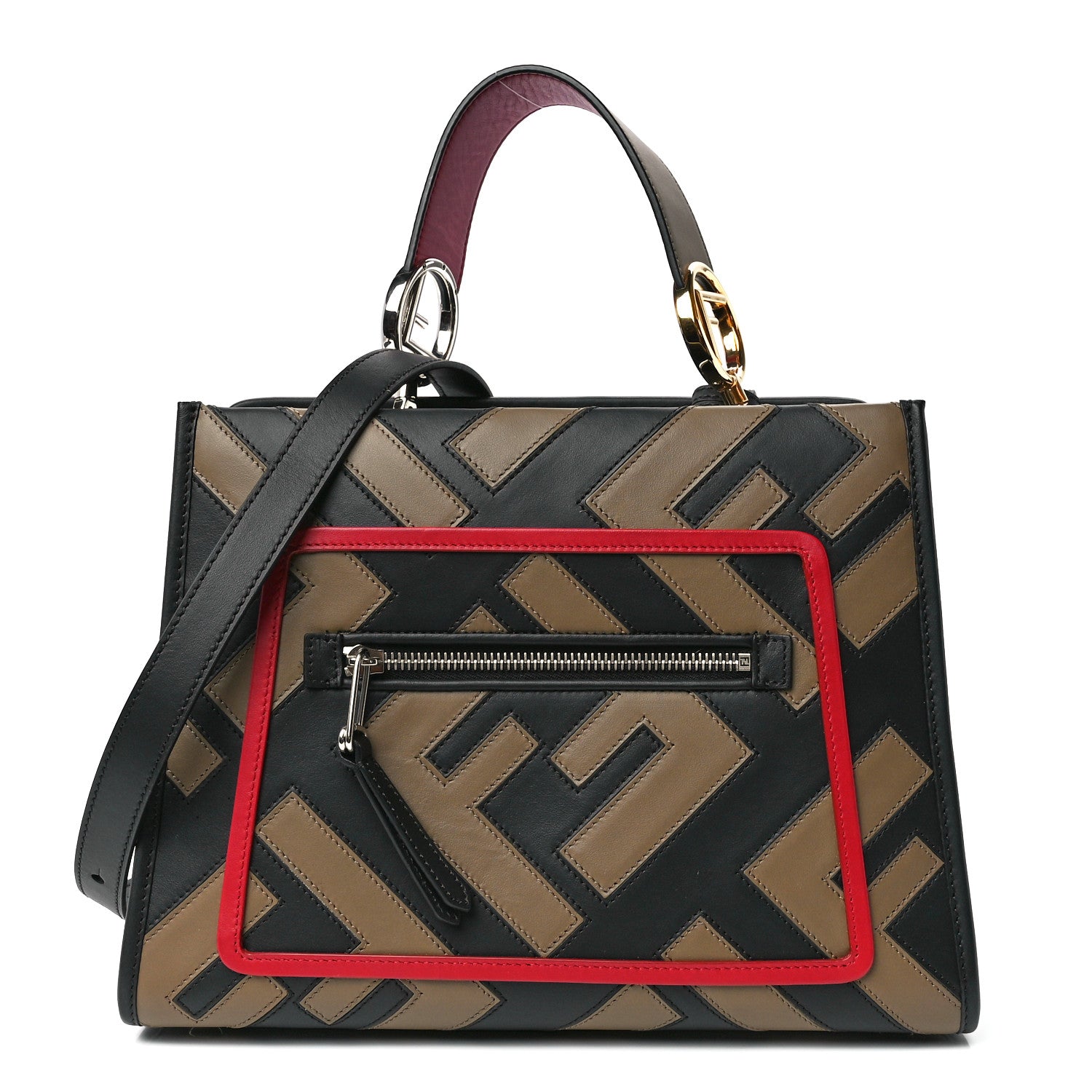 Fendi Vitello Century F is Fendi FF Diagonal Inlay Small Runaway Satchel Fango Black Fragola 1 of 12