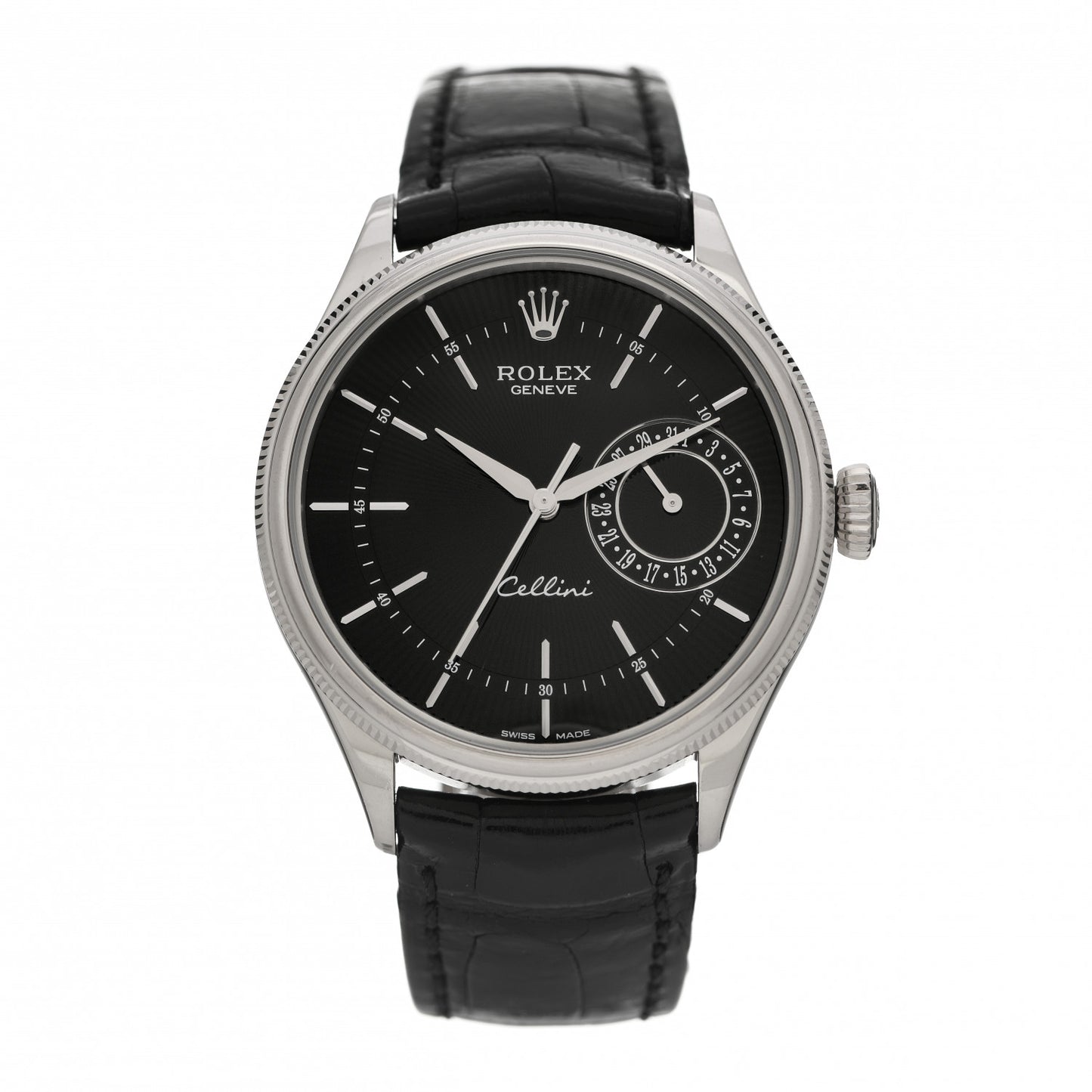 18K White Gold Alligator 38mm Cellini Date Watch Black 50519