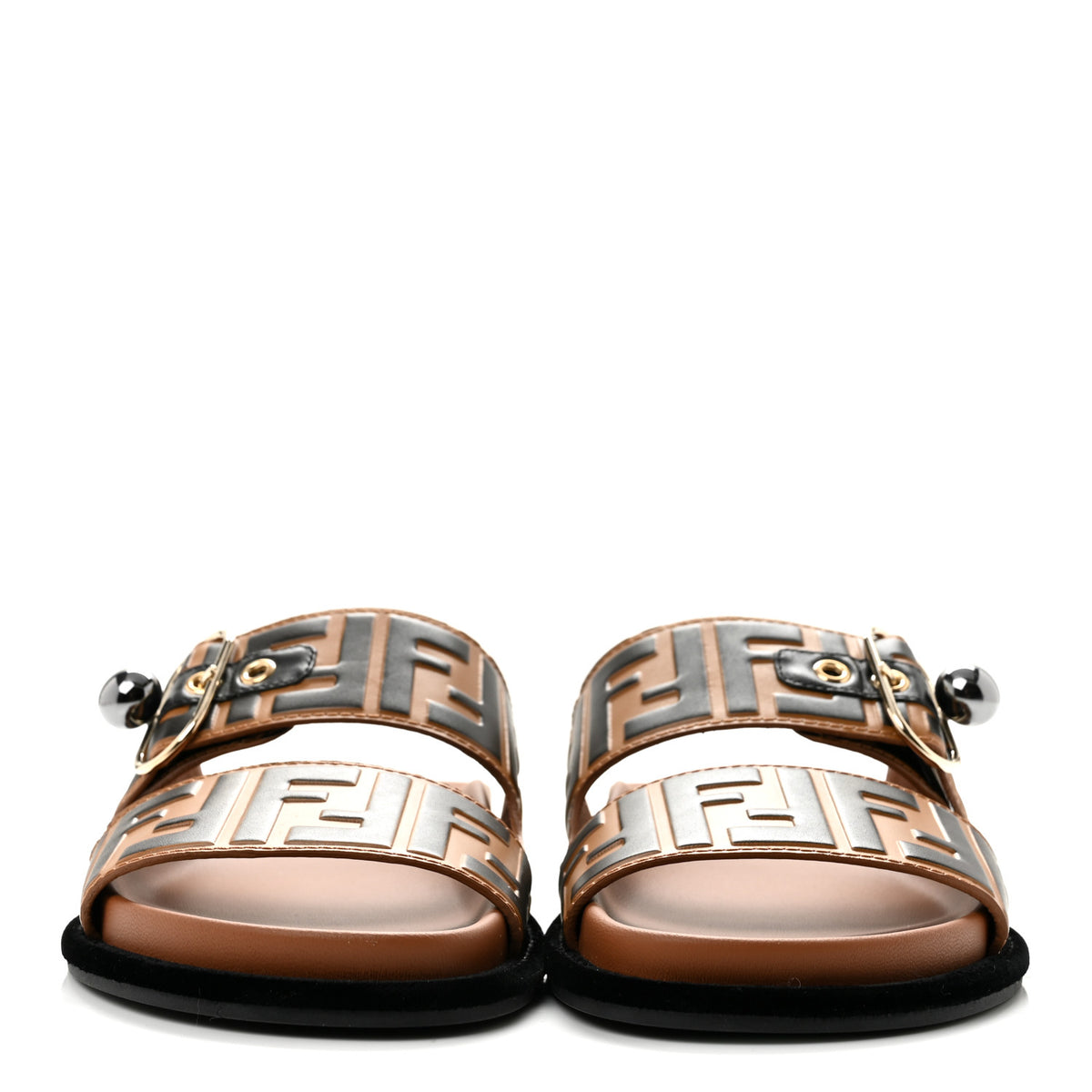 Calfskin FF Embossed Pearland Slide Sandals 37.5 Tobacco Moro