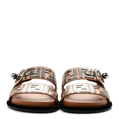 Fendi Calfskin FF Embossed Pearland Slide Sandals 37.5 Tobacco Moro 3 of 8