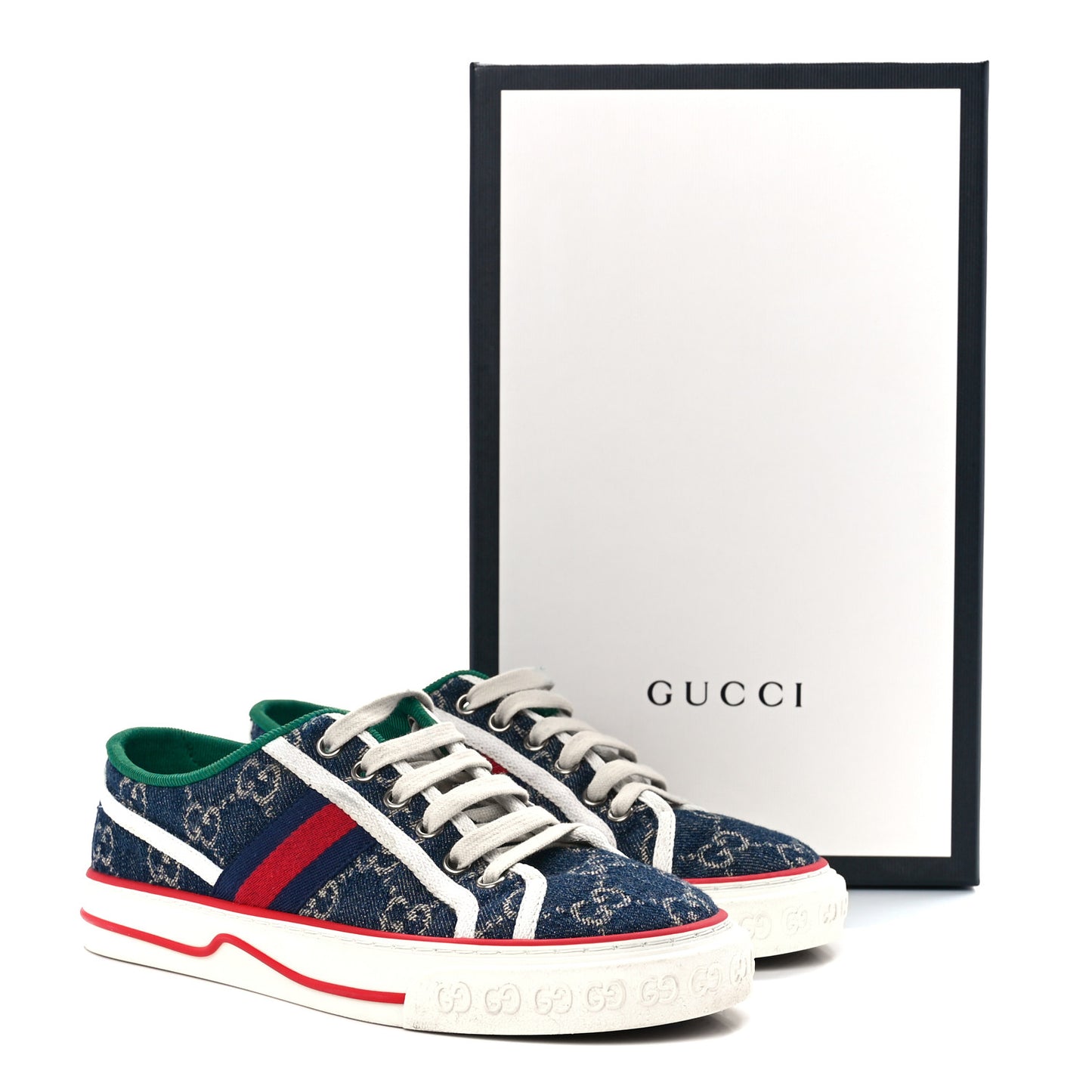 New Denim GG Monogram Web Womens 1977 Tennis Sneakers 36.5 Blue Tea Mystic White