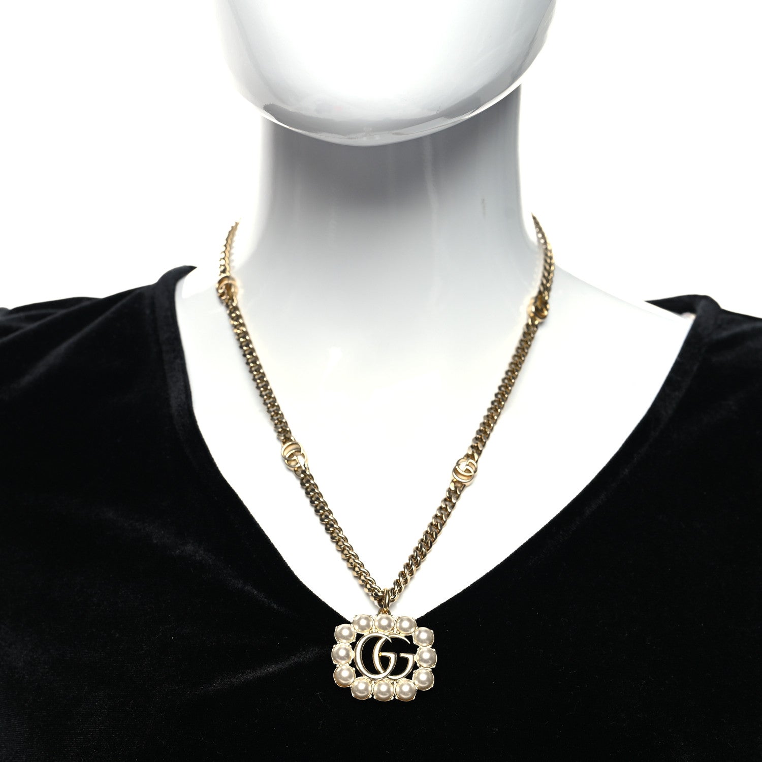 Gucci Pearl Embellished Double G Necklace Aged Gold 2 of 5