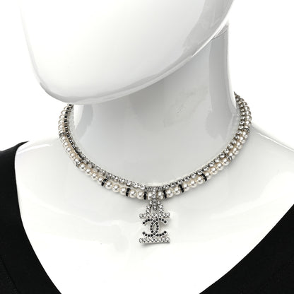 Chanel Pearl Crystal CC Choker Necklace Silver White Black 2 of 5
