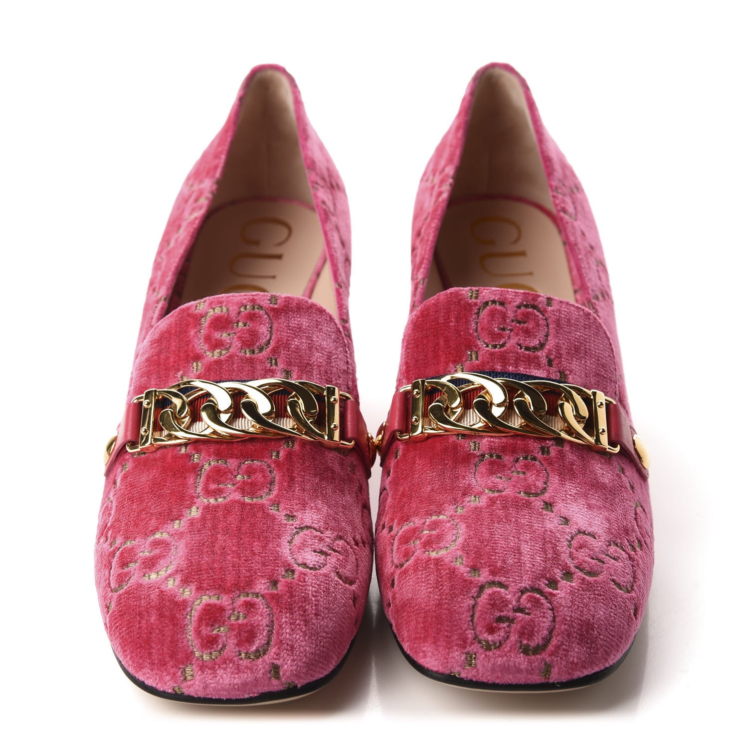 Gucci Velvet GG Monogram Sylvie Web Chain Mid Heel Loafers 40 Bright Pink 2 of 10