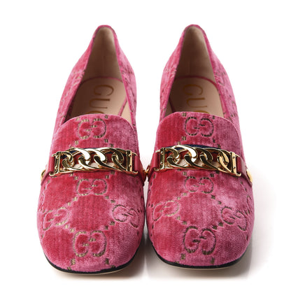 Gucci Velvet GG Monogram Sylvie Web Chain Mid Heel Loafers 40 Bright Pink 2 of 10