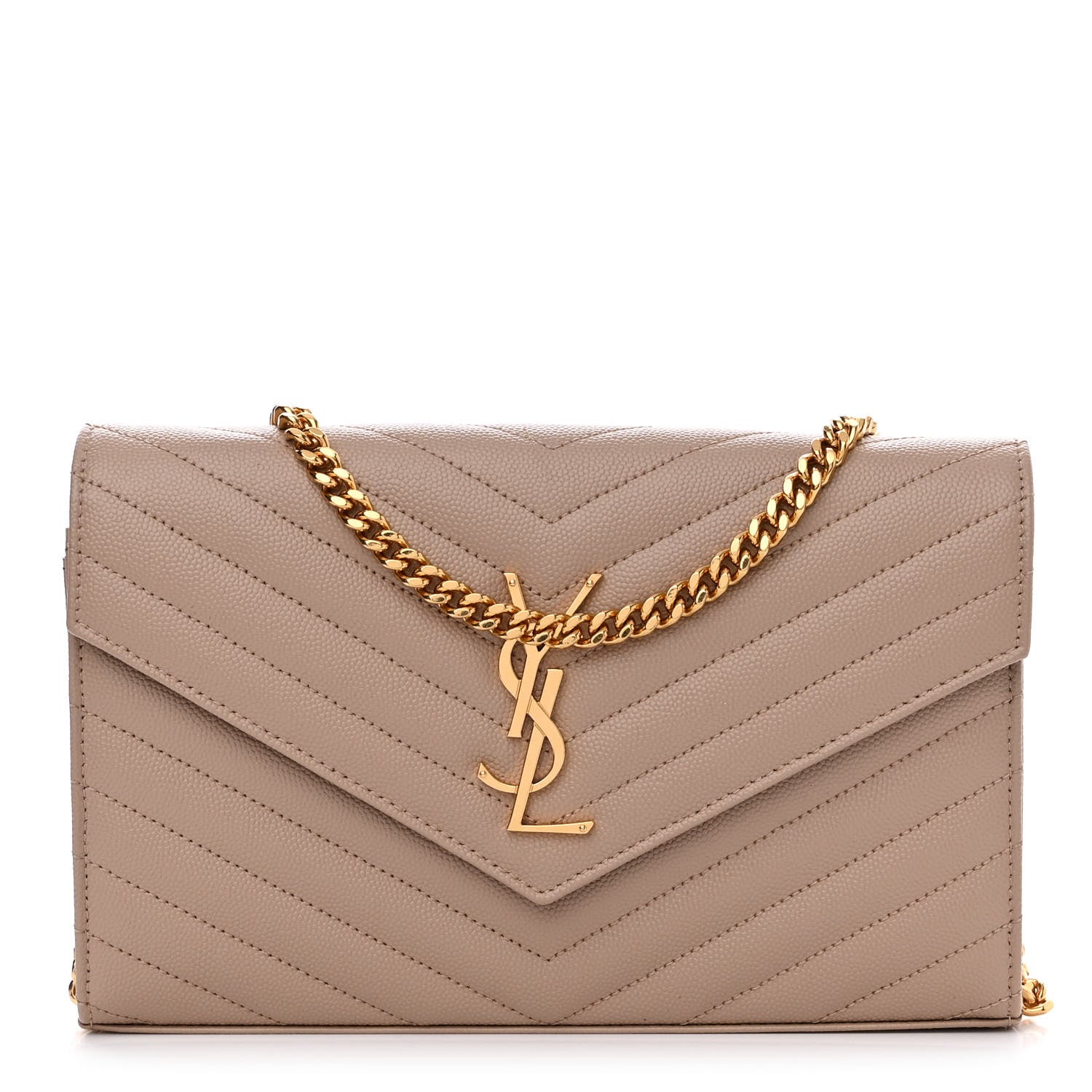 Saint Laurent Grain De Poudre Matelasse Chevron Monogram Chain Wallet Dark Beige 1 of 11