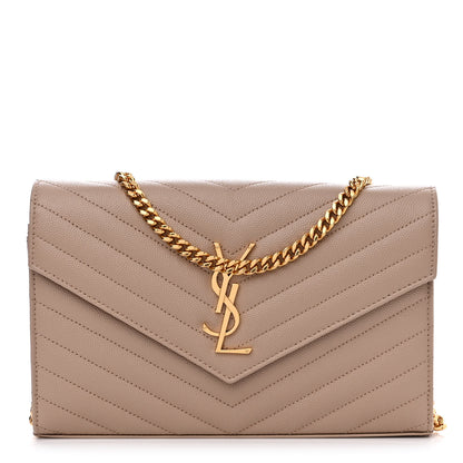 Saint Laurent Grain De Poudre Matelasse Chevron Monogram Chain Wallet Dark Beige 1 of 11