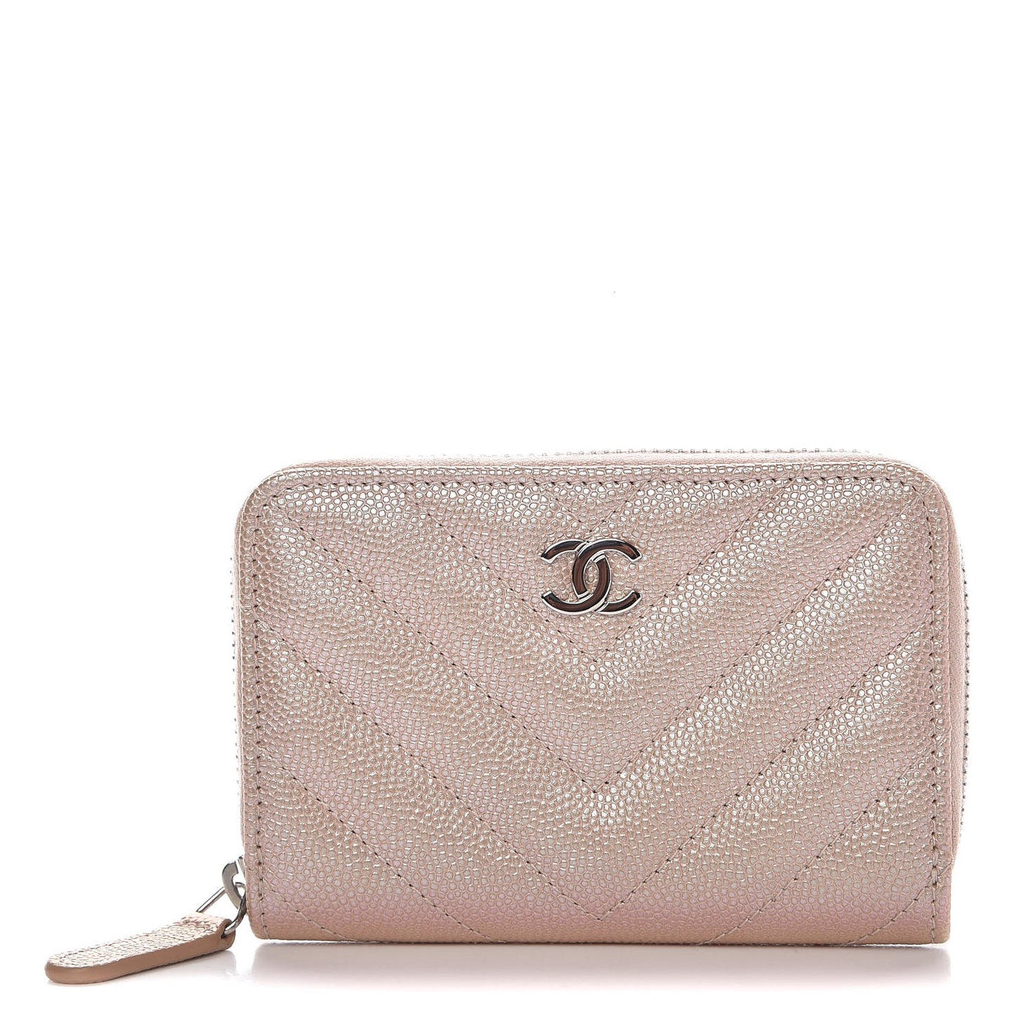 Metallic Caviar Chevron Quilted Zip Around Coin Purse Light Gold