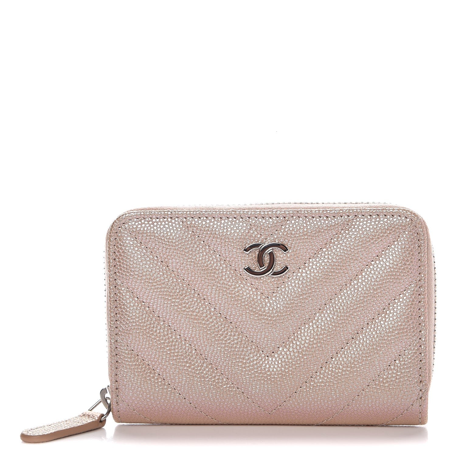 Chanel Metallic Caviar Chevron Quilted Zip Around Coin Purse Light Gold 1 of 8