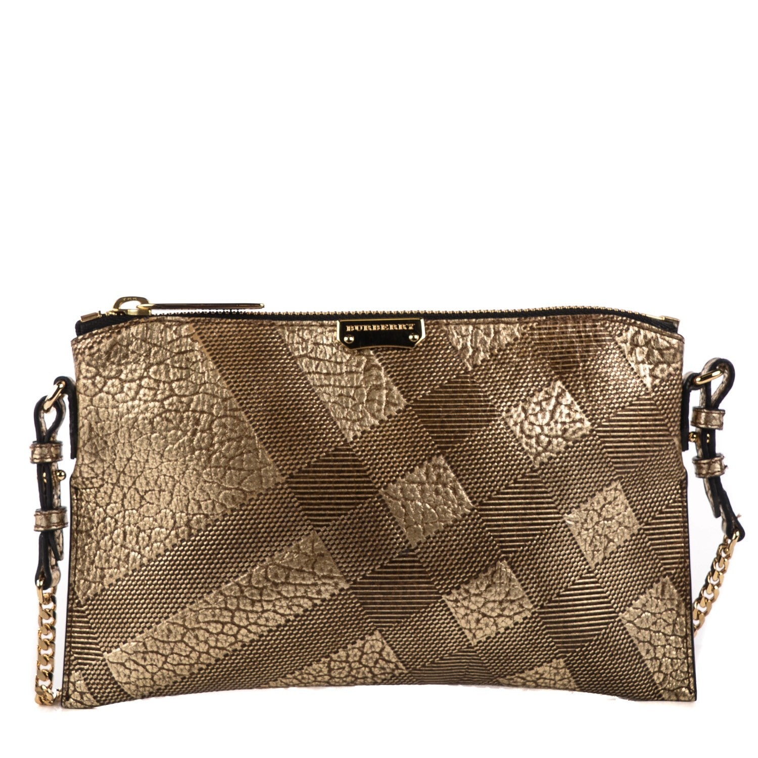 Burberry Metallic Signature Grain Calfskin Check Embossed Peyton Crossbody Clutch Bag Gold 1 of 12