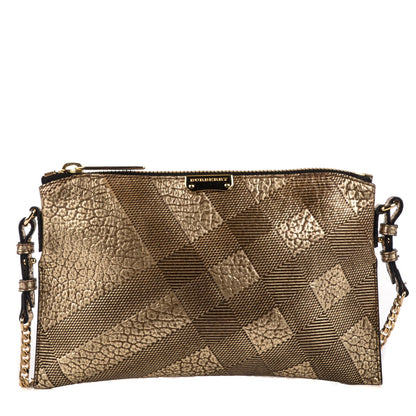 Burberry Metallic Signature Grain Calfskin Check Embossed Peyton Crossbody Clutch Bag Gold 1 of 12