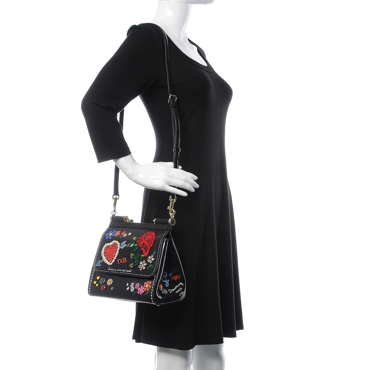 Glazed Calfskin Embroidered Medium Heart Flower Miss Sicily Satchel Black